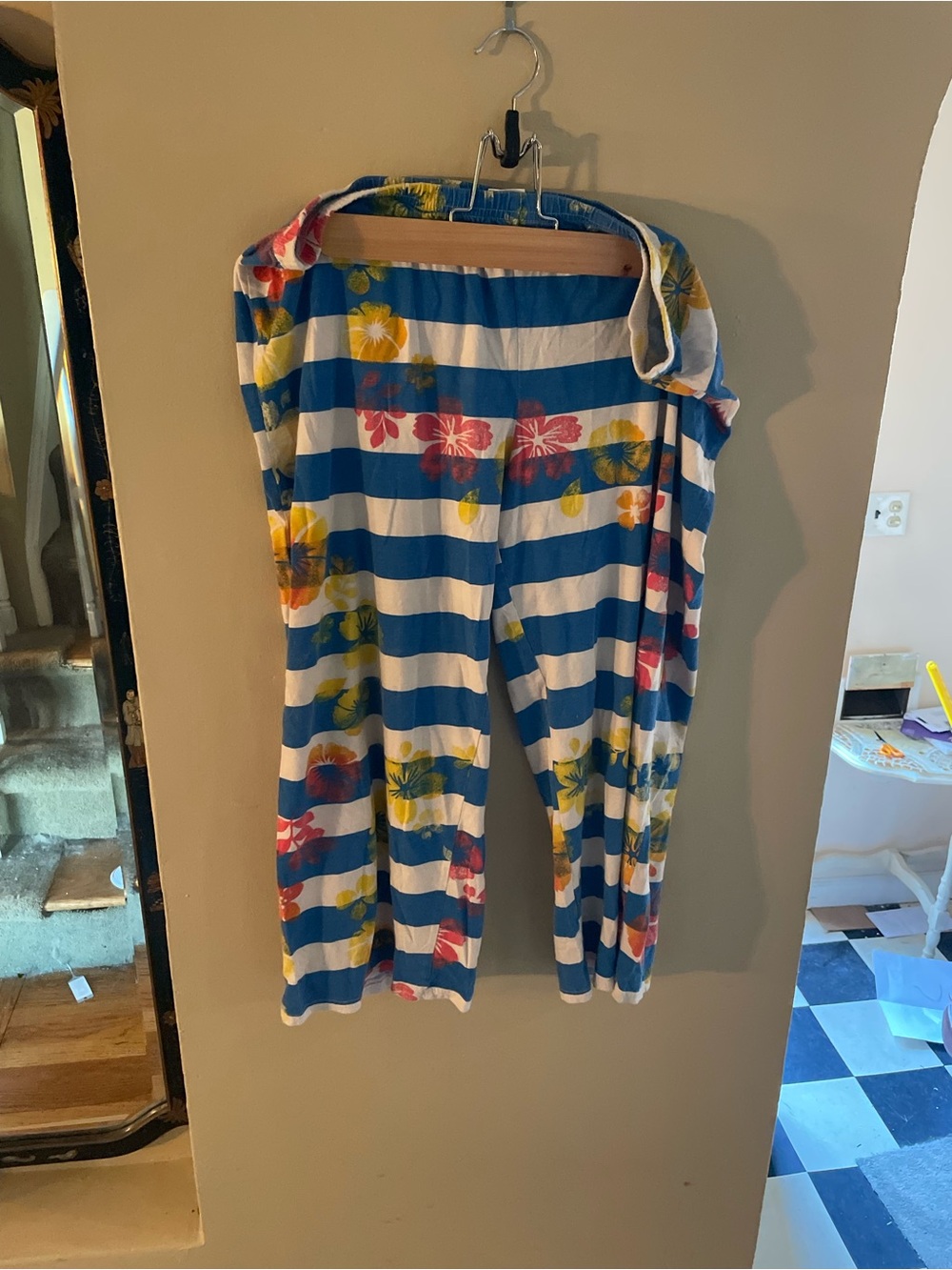 Joe Boxer Blue and White Striped cropped pants with Floral Accents
